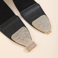Rhinestone Bow Buckle Belt Wide PU Elastic Waistband