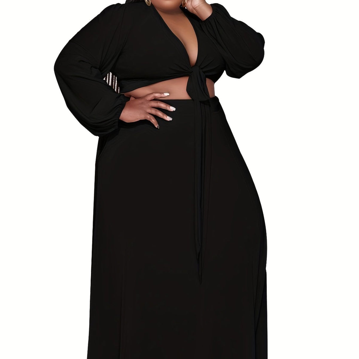  Long Sleeve Knot Crop Top & Maxi Skirt Set