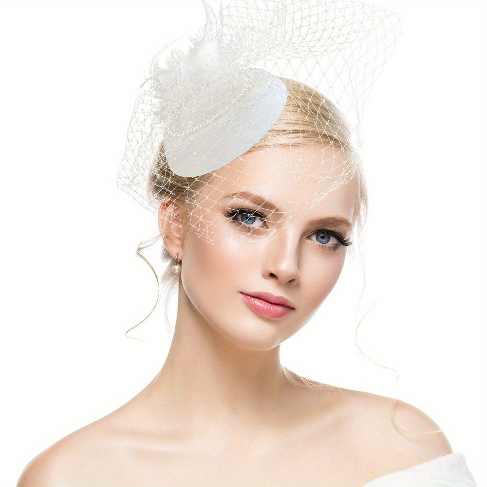 Red Mesh Feather Hat With Pearl Veil Hair Accessories