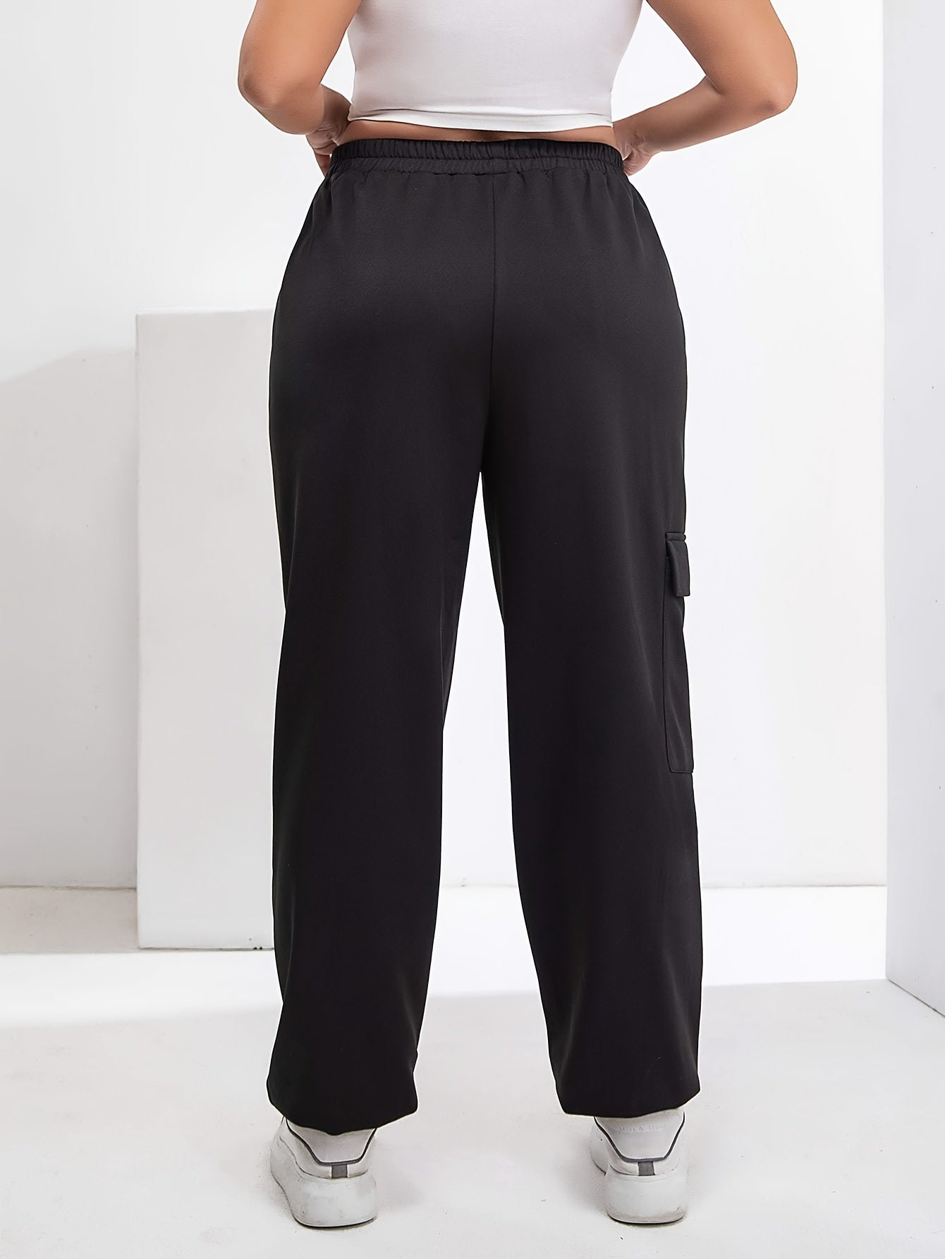  Solid Drawstring Elastic High Rise Cargo Joggers