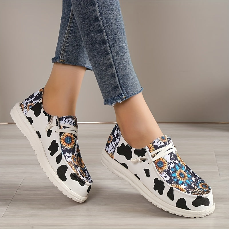 Cow Print Flat Canvas Shoes Sunflower Lace Up Sneakers