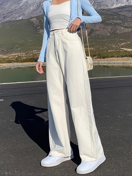 Solid Loose High Rise Denim Pants Wide Leg Jeans
