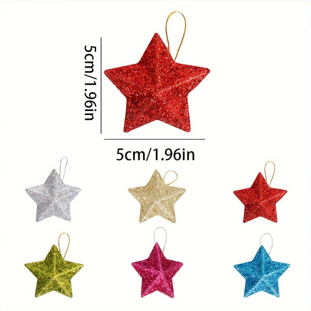 24pcs Golden Glitter Star Ornaments Festive Plastic Christmas Tree Pendants