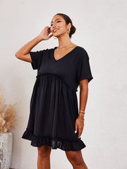  Solid Short Sleeve V Neck A line Mini Dress
