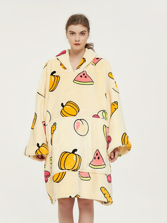  Halloween Lounge Robe Watermelon Pumpkin Print Hooded Flannel Blanket