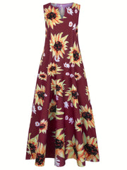  Sunflower Print Tank Dress Sleeveless Maxi A-line Notched Neck