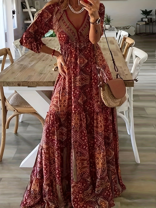  Ditsy Floral Print Long Sleeve V Neck Maxi Dress