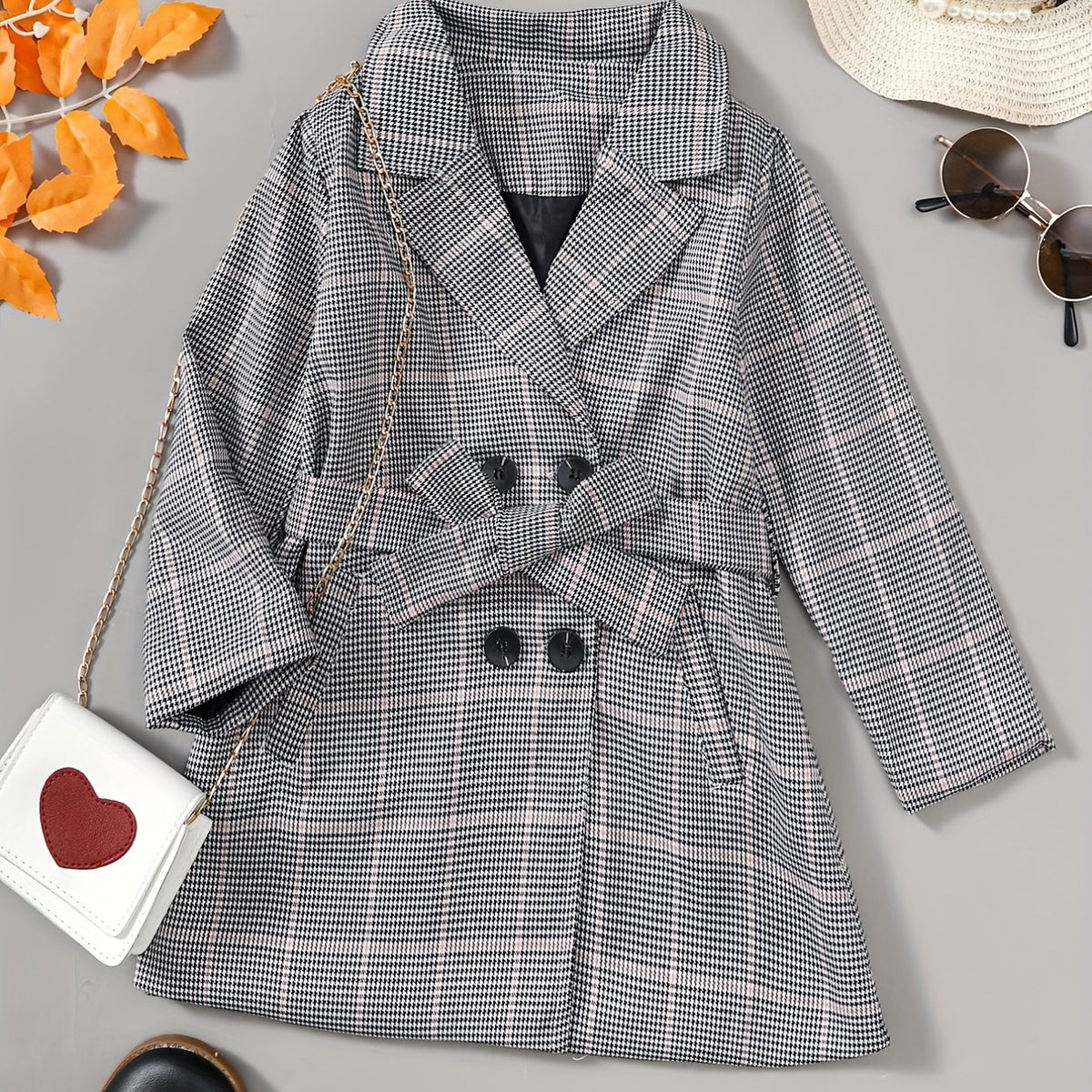 Girls Houndstooth Plaid Peacoat Jacket Kids Overcoat Fall Spring