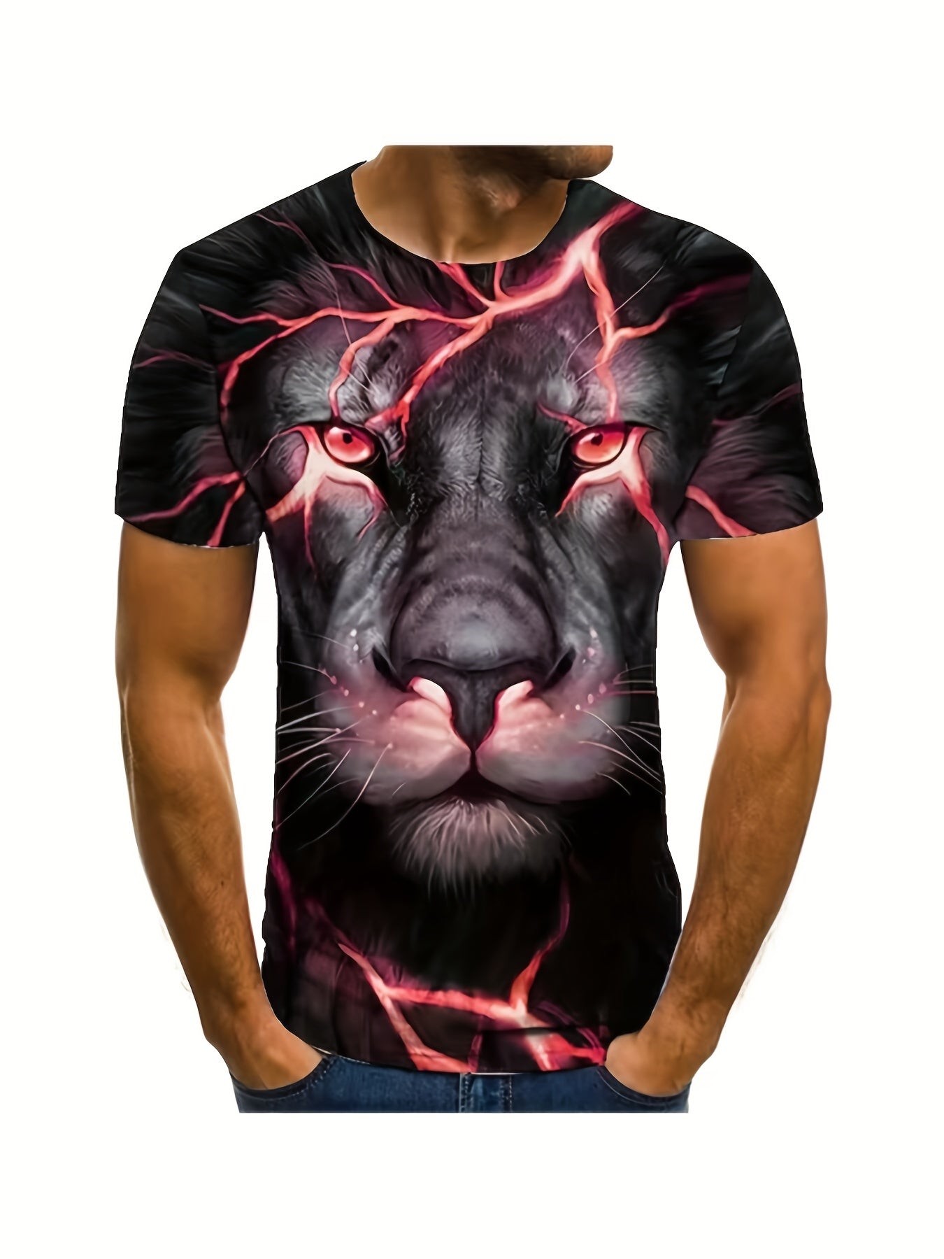 Men's Lion Print Short Sleeve T Shirt Breathable Comfort for Spring & Summer