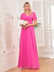 Solid V Neck Bridesmaid Dress Short Sleeve Maxi Wedding Party Dress