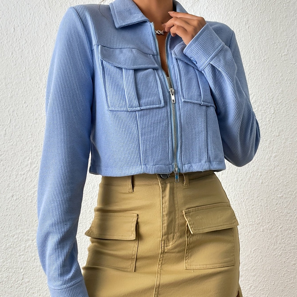 Zipper Solid Jacket Turn Down Collar Long Sleeve Outerwear