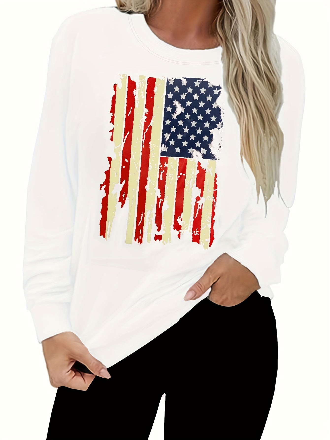  Flag Print Long Sleeve Round Neck Pullover Top