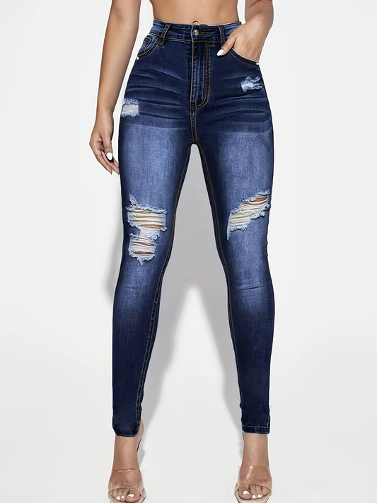 High Rise Ripped Thigh Skinny Jeans Dark Denim Pants