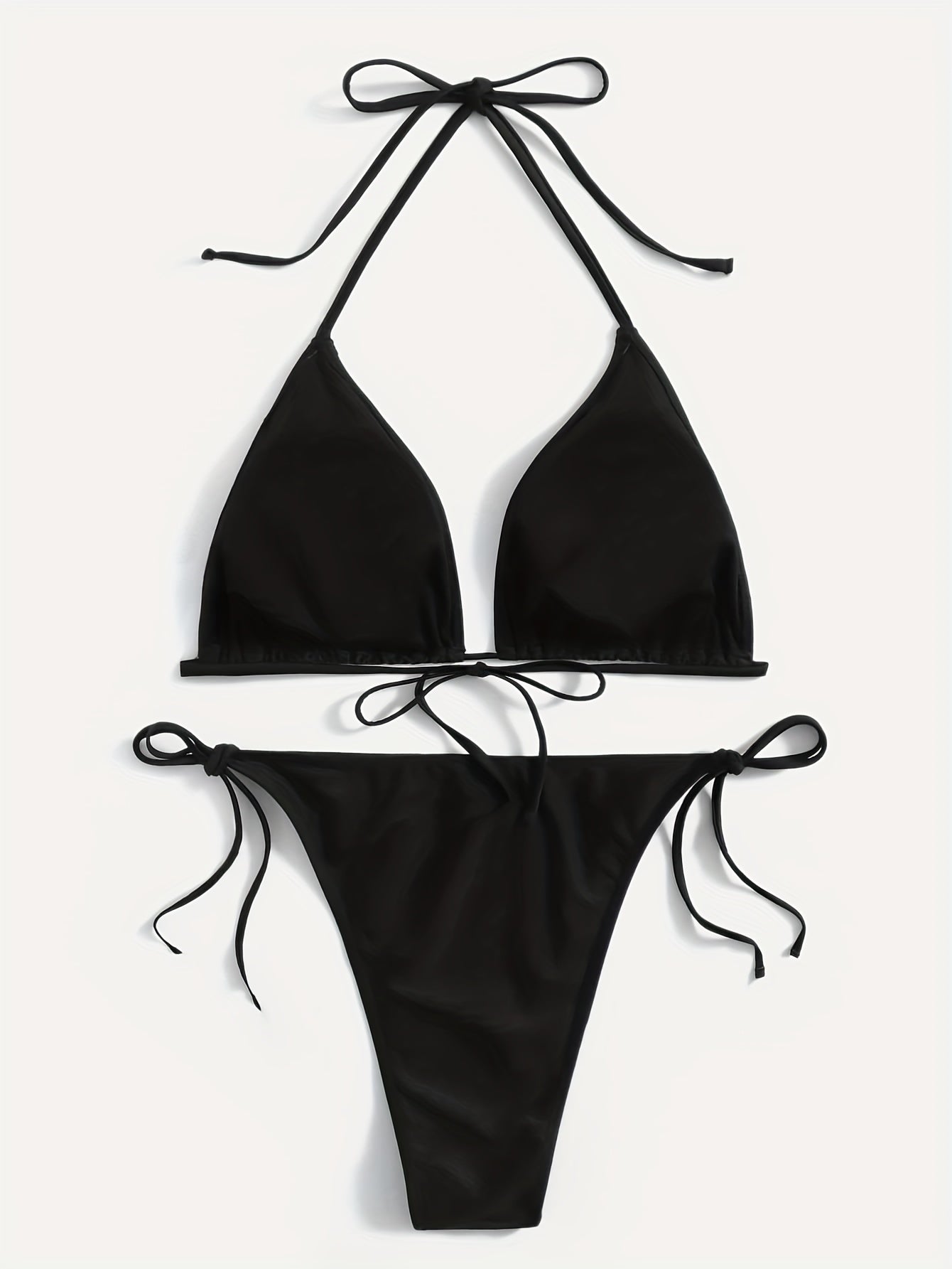  Backless Halter Bikini Set Solid Bra & Tie Side Panty Swimsuit