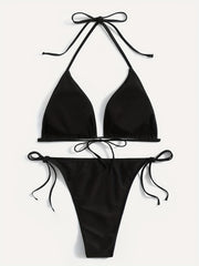  Backless Halter Bikini Set Solid Bra & Tie Side Panty Swimsuit