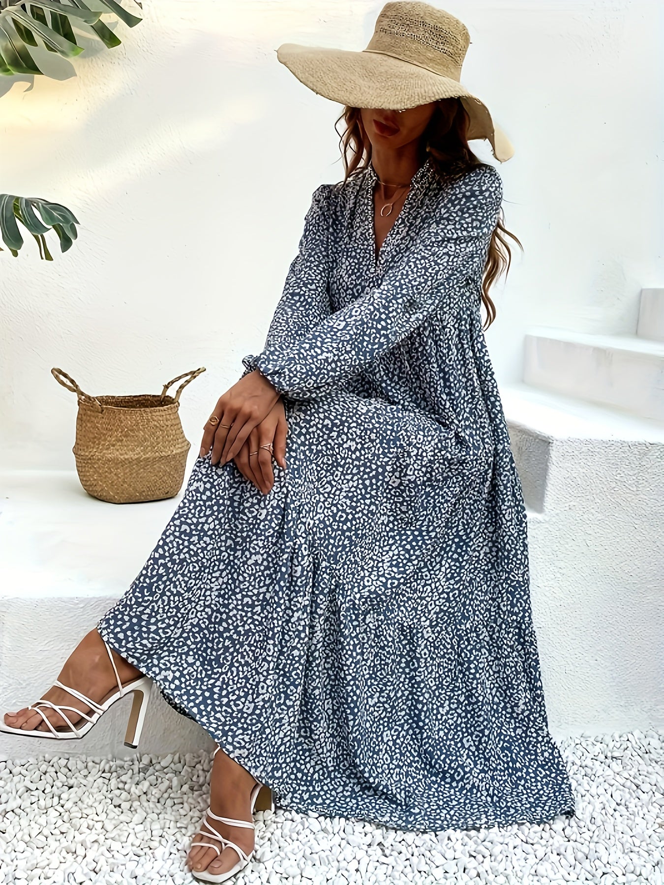 Plus Dalmatian Print Lantern Sleeve V Neck Smock Maxi Dress