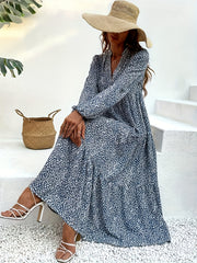 Plus Dalmatian Print Lantern Sleeve V Neck Smock Maxi Dress