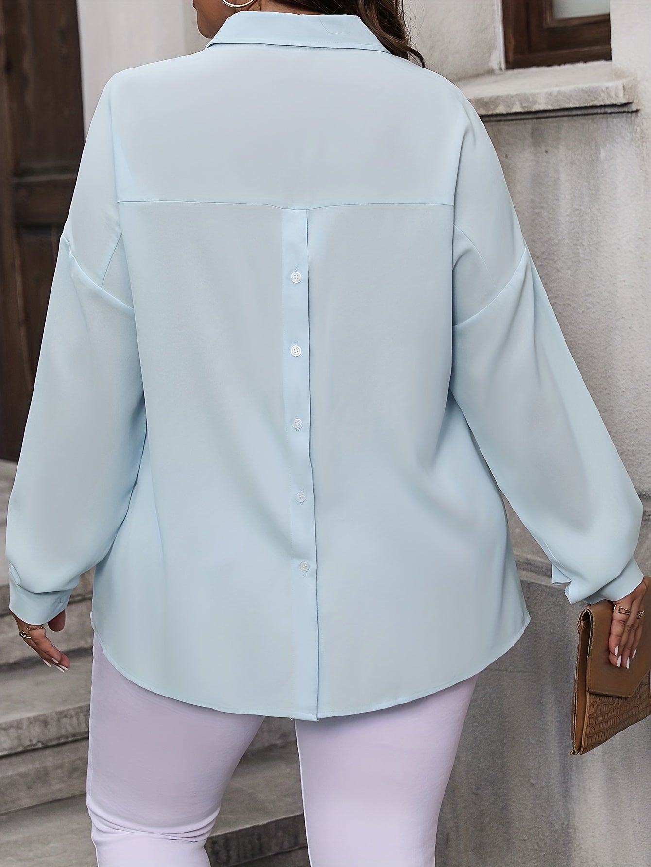  Solid Drop Shoulder Long Sleeve Blouse