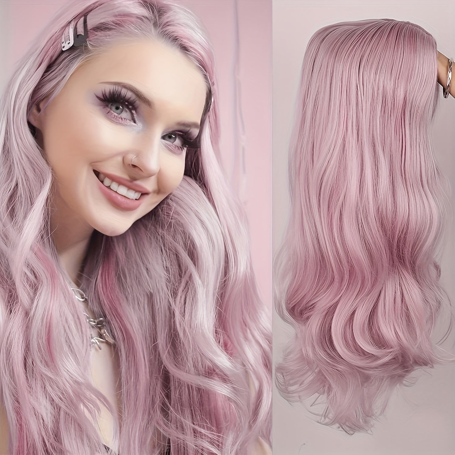 Colorful Long Wavy Wig Green Purple Middle Part Synthetic Hair for Halloween