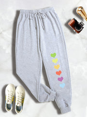 Colorful Heart Print Drawstring Sweatpants Plus Size Women's