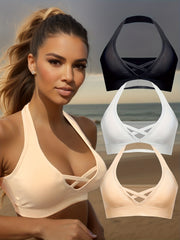 3pcs Wireless Halter Sports Bras Comfy & Breathable Push Up Bra