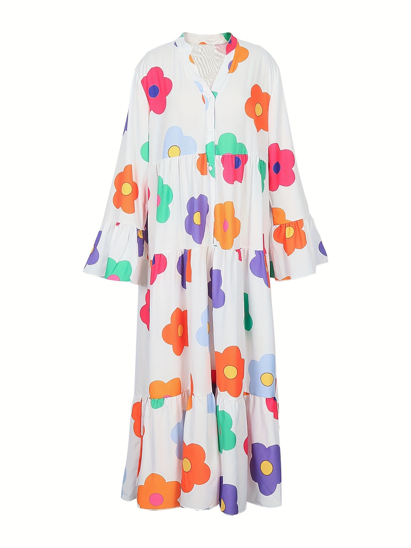 Floral Print Bell Sleeve V Neck Smock Dress