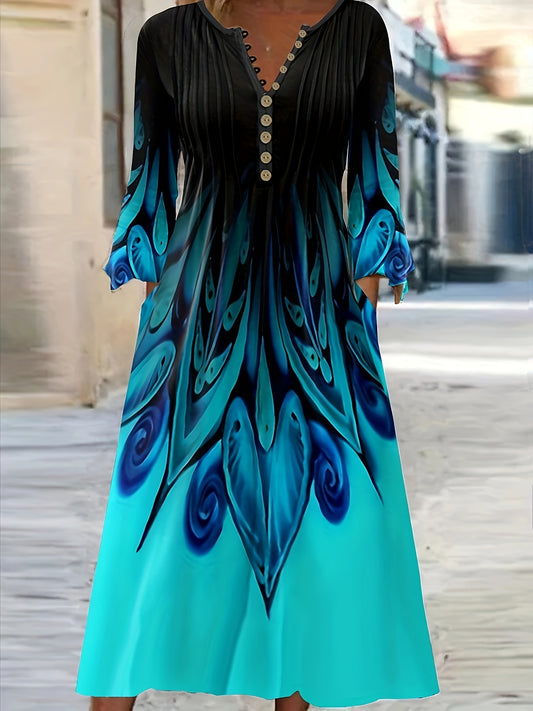  Ombre Geometric Print Maxi Dress With Bell Sleeves