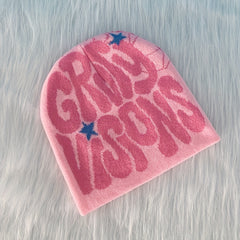 Y2K Candy Knit Beanie Hat Letter Jacquard Elastic Warm Skull Cap
