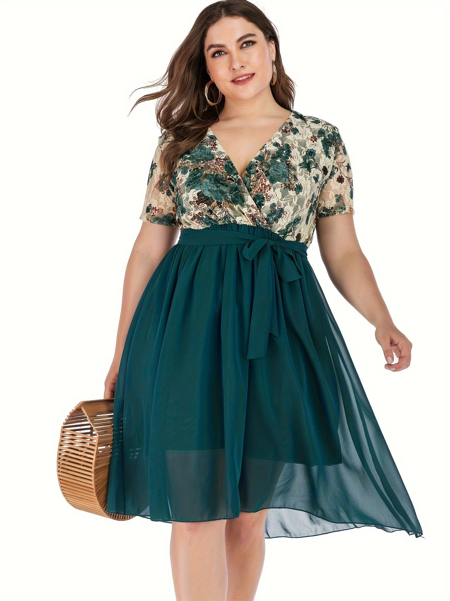 Women's Plus Floral Print Mesh Sleeve Midi Dress