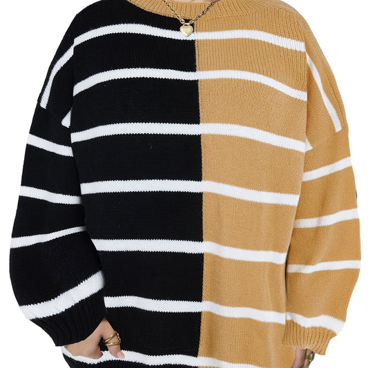  Colorblock Stripe Print Round Neck Sweater