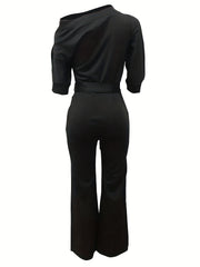 Slanted Shoulder Wide Leg Jumpsuit High Waist Casual