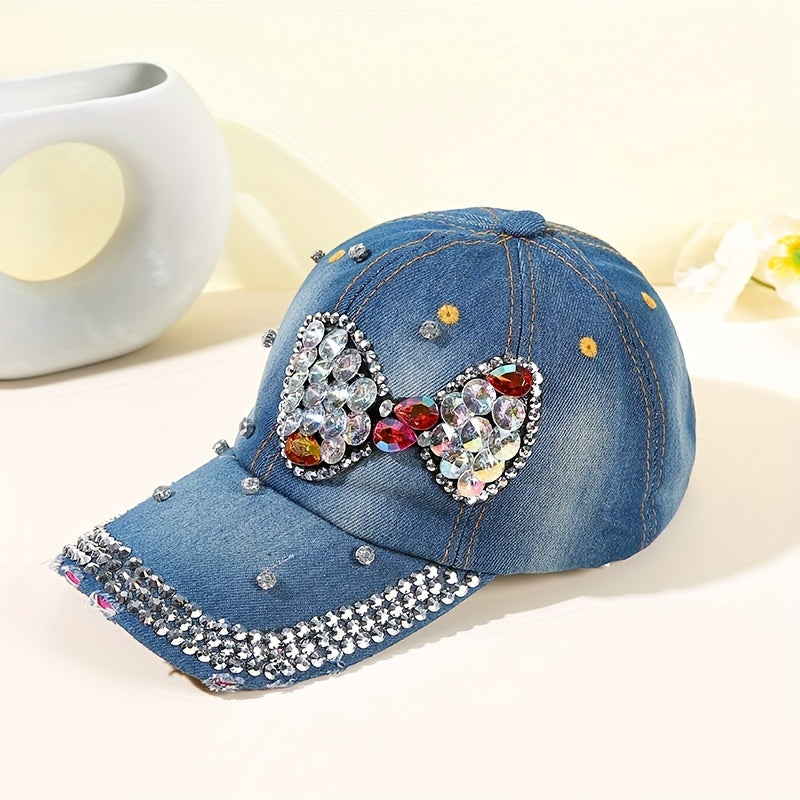 Rhinestone Bow Baseball Cap Denim Sun Hat Classic Sunscreen Dad Hats