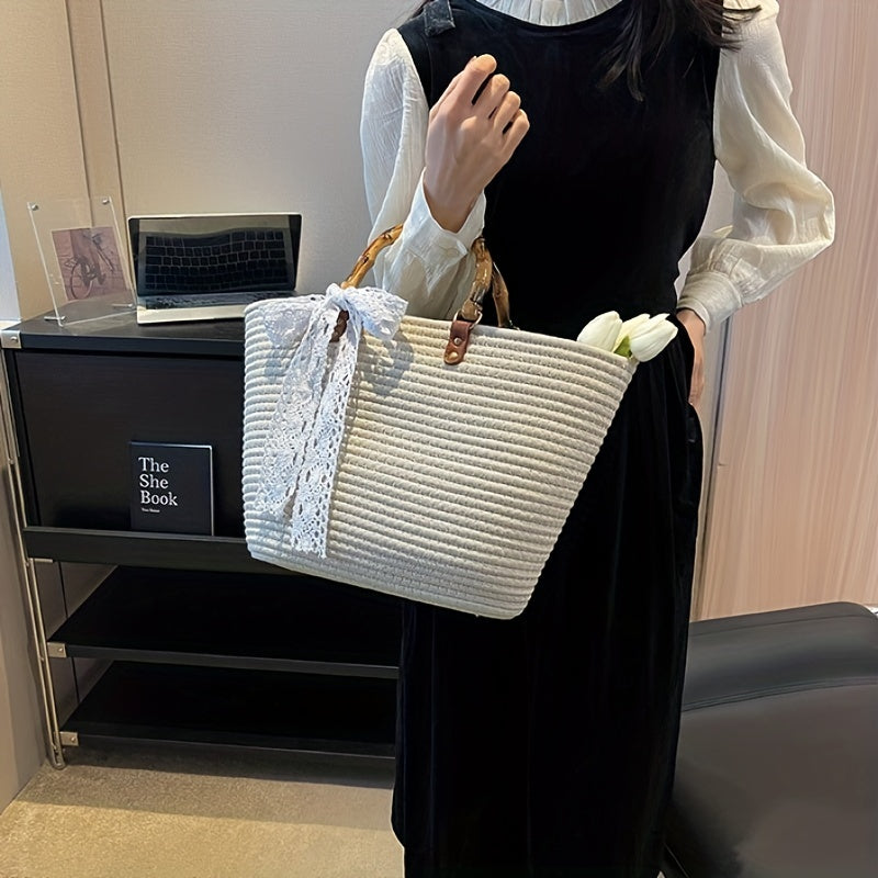 Straw Large Capacity Handbag with Lace Ribbon - Beach Bag