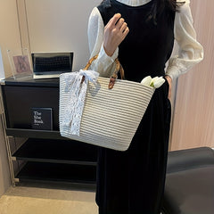 Straw Large Capacity Handbag with Lace Ribbon - Beach Bag