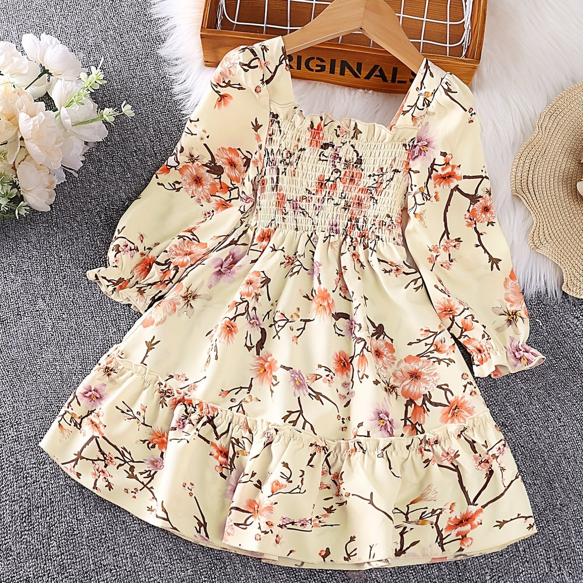 Girls' Smocked Long Sleeve Dress w/ Flower Print
