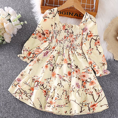 Girls' Smocked Long Sleeve Dress w/ Flower Print