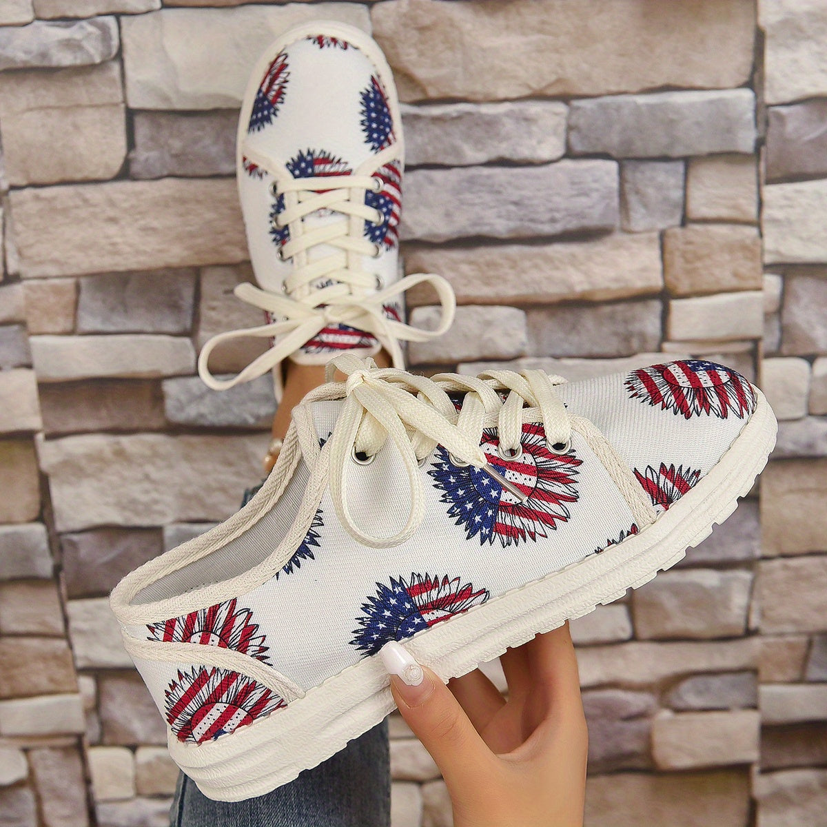 Women's Sunflower Canvas Shoes Flag Graphic Lace Up Flat Sneakers