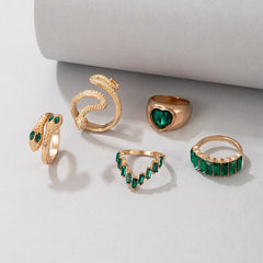 Vintage Green Gemstone Snake Rings Set - 5pcs