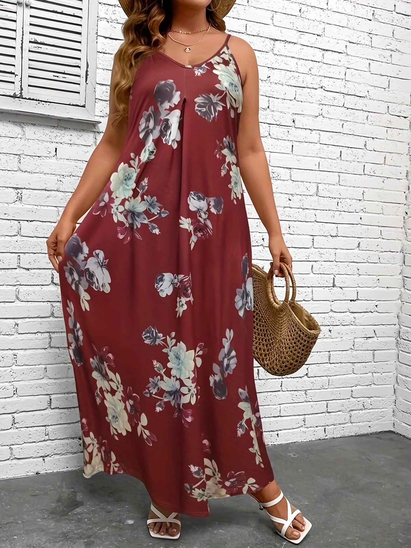  Floral Print V Neck Maxi Cami Dress
