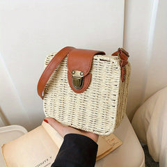 Rattan Woven Crossbody Bag Straw Beach Bag Square Purse