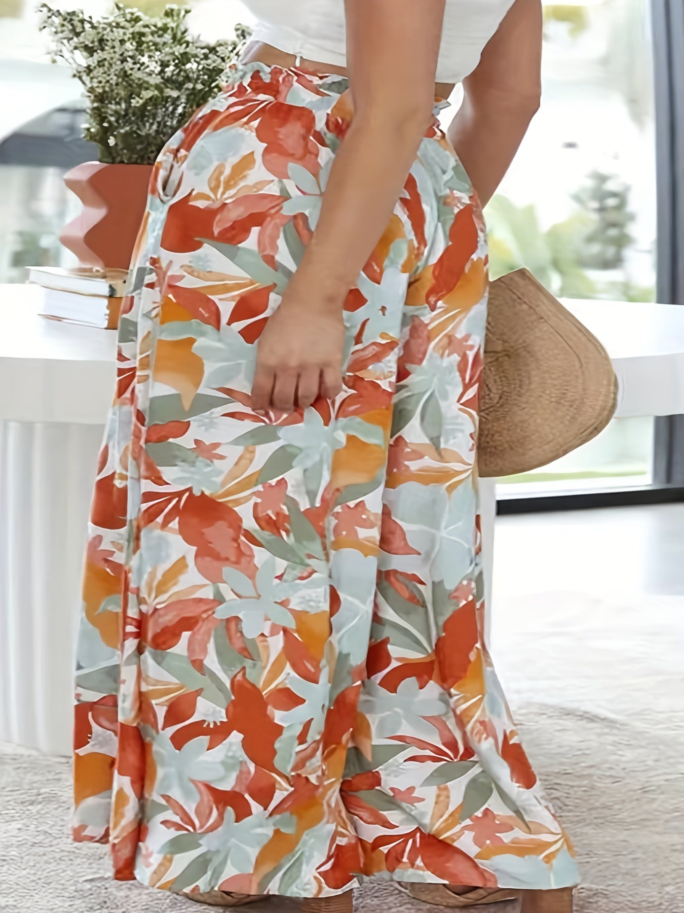 Women's Plus Floral Print Shirred Waist Drawstring Wide Leg Pants