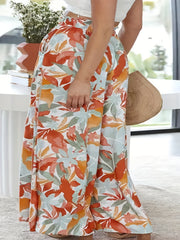 Women's Plus Floral Print Shirred Waist Drawstring Wide Leg Pants