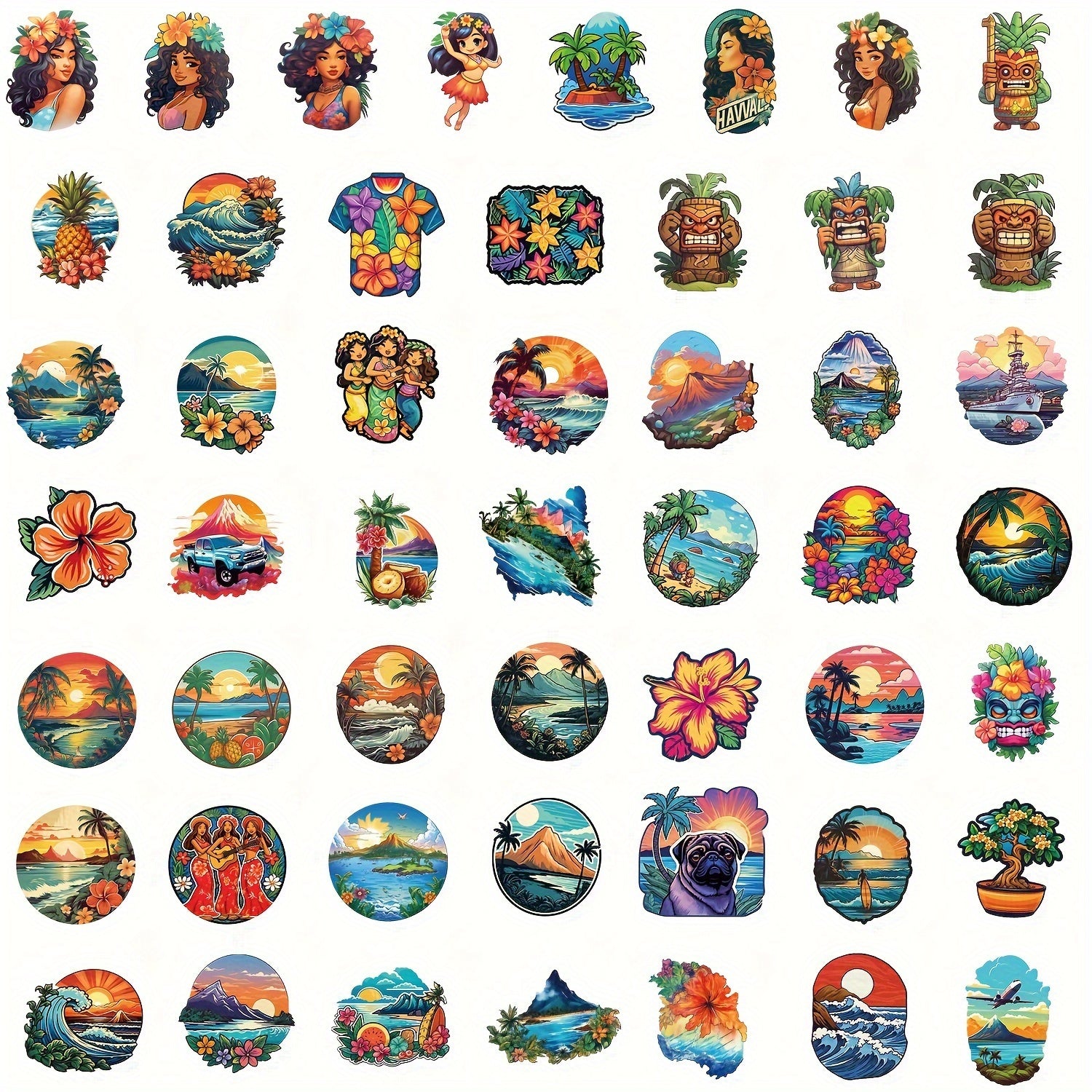 50pcs Hawaiian Series Stickers for Notebook Helmet Water Cup, Adult Decoration