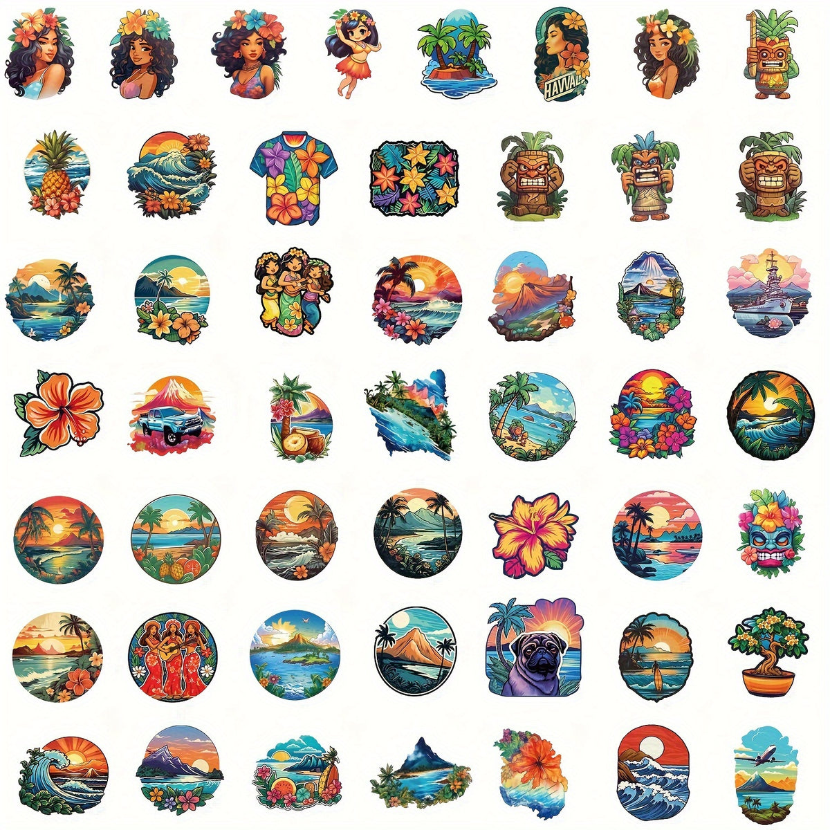 50pcs Hawaiian Series Stickers for Notebook Helmet Water Cup, Adult Decoration
