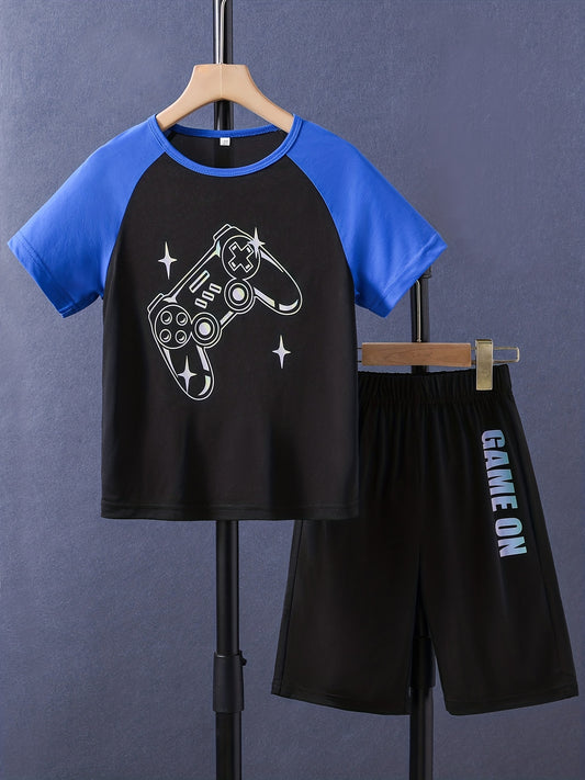 Boys Game On Gamepad Graphic Casual Outfit Round Neck T shirt & Shorts