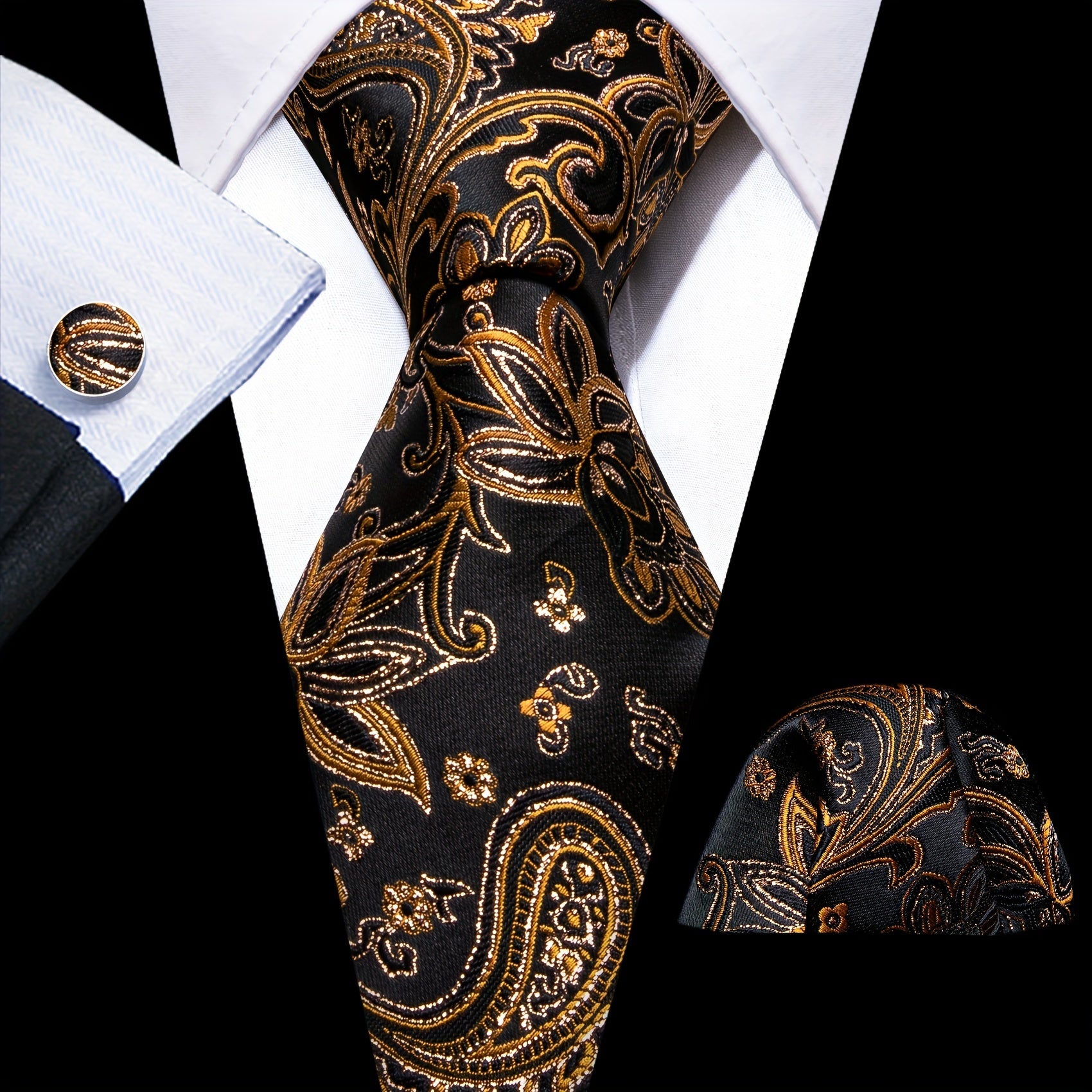 Barry Wang Men's Paisley Jacquard Tie Pocket Square Cufflinks Set