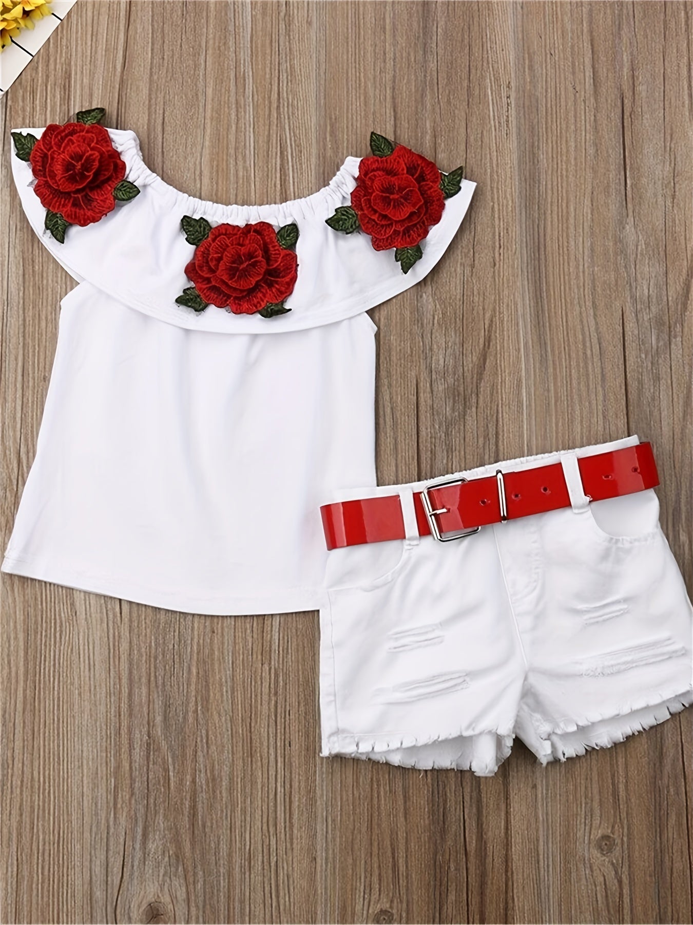 Girls Floral Off Shoulder Top & Denim Shorts Set