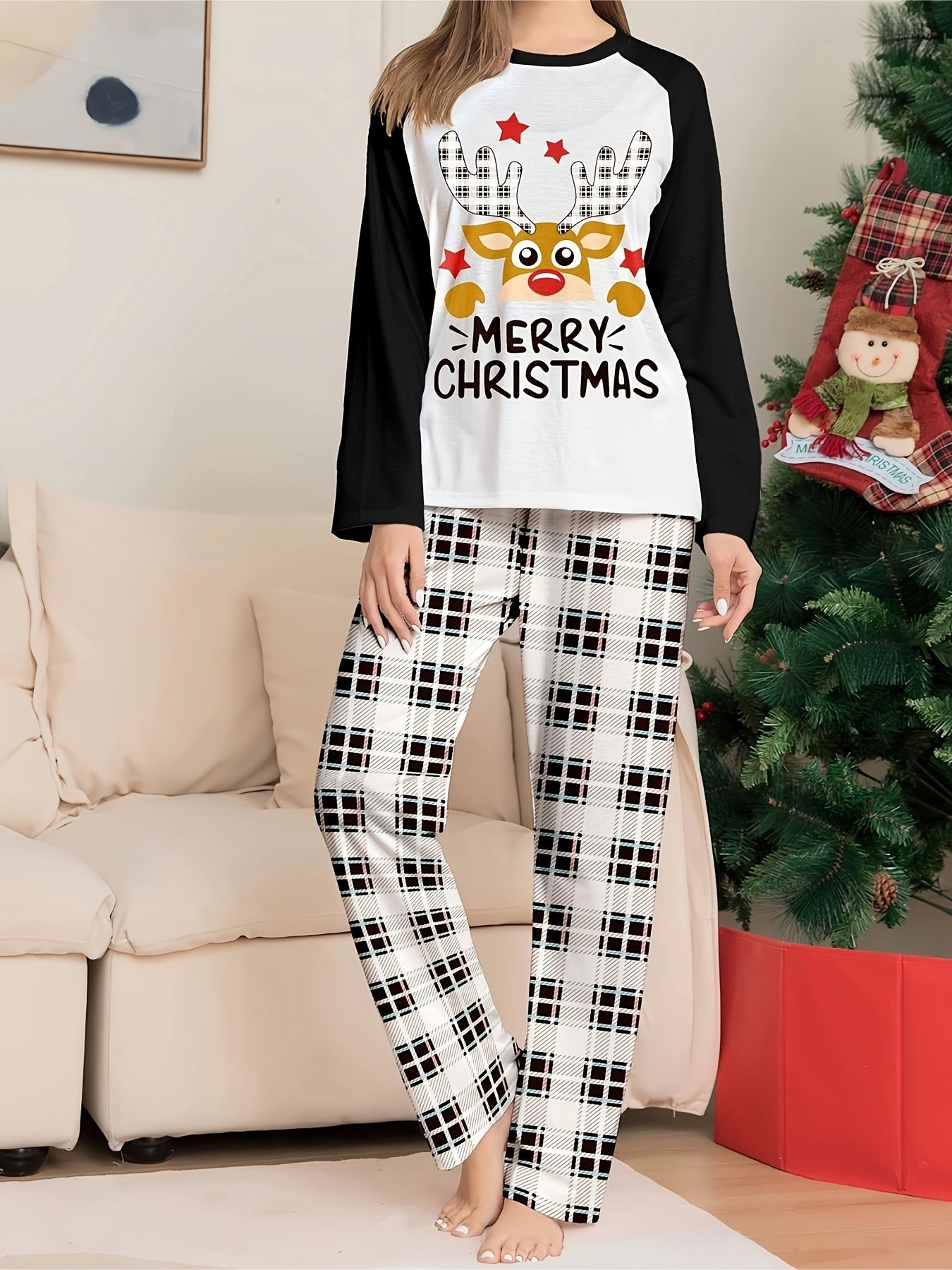  Christmas Pajamas Set Women's Elk & Slogan Tee & Plaid Pants Two Piece
