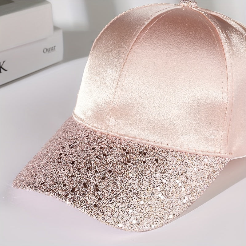 Pink Glitter Satin Baseball Cap Bright Breathable Sun Hat For Women