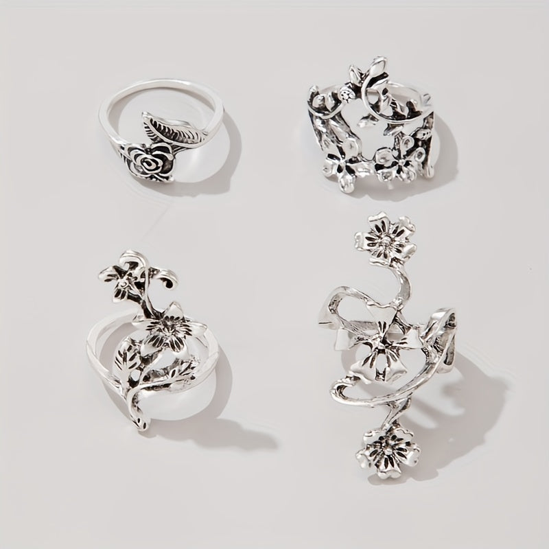 Boho Flower Stackable Leaf Finger Rings Set of 4
